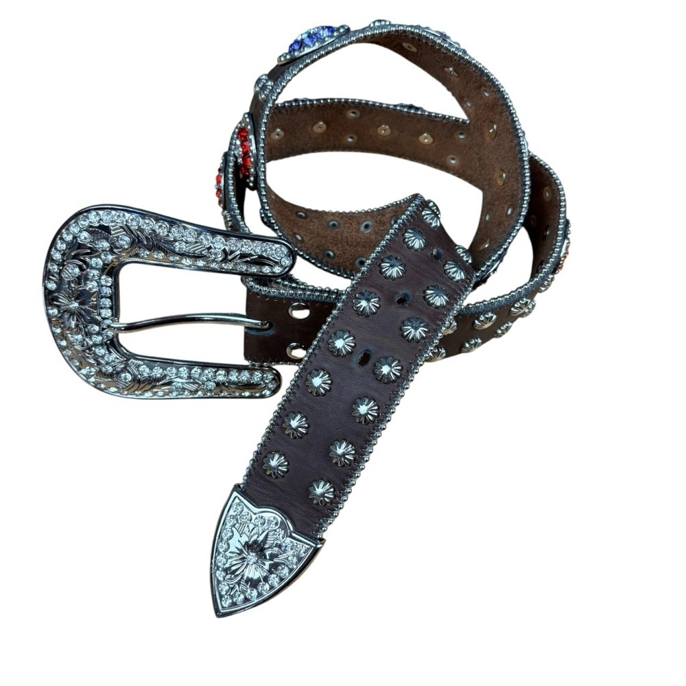 EUC Nocona Size M Western Belt Rhinestone Silver Studded Buckle Brown Leather